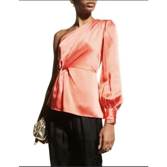 CINQ À SEPT Stace One Shoulder Silk Top Neon Coral Size XS - Picture 2 of 5